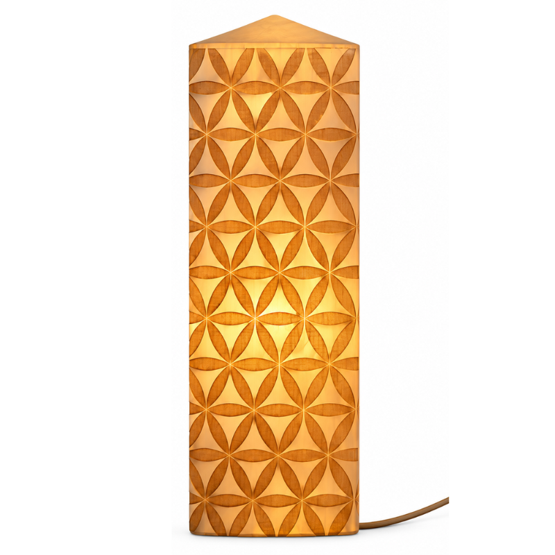 Selenite Engraved Flower Of Life – Obelisk/Point Lamp-Global Food Hub