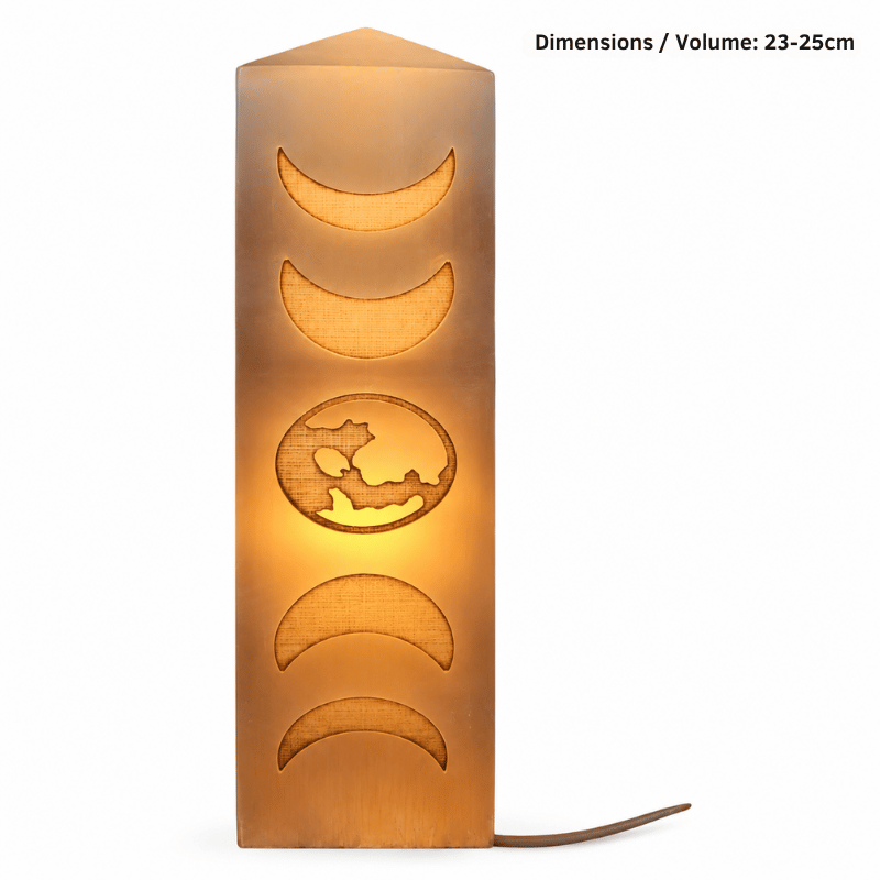 Selenite Engraved Moon Phases – Obelisk/Point Lamp-Global Food Hub