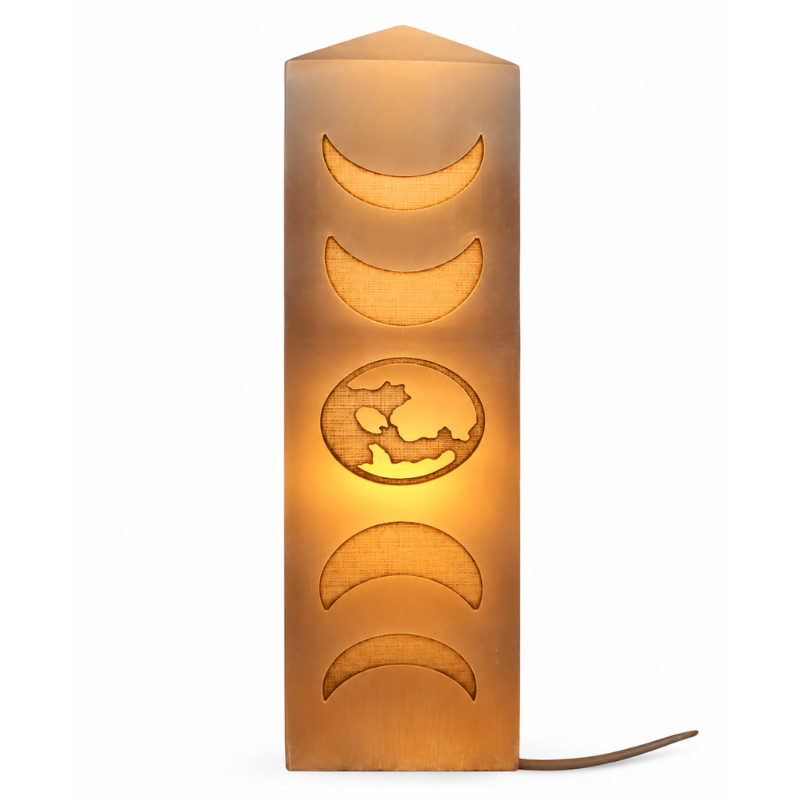 Selenite Engraved Moon Phases – Obelisk/Point Lamp-Global Food Hub