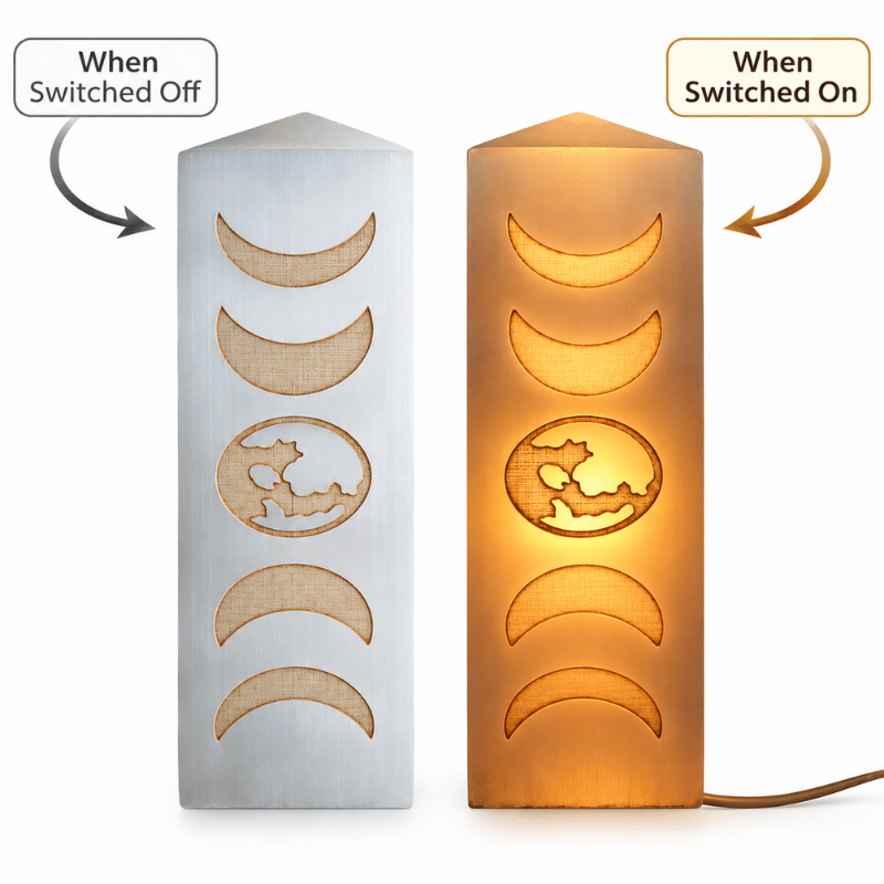 Selenite Engraved Moon Phases – Obelisk/Point Lamp-Global Food Hub