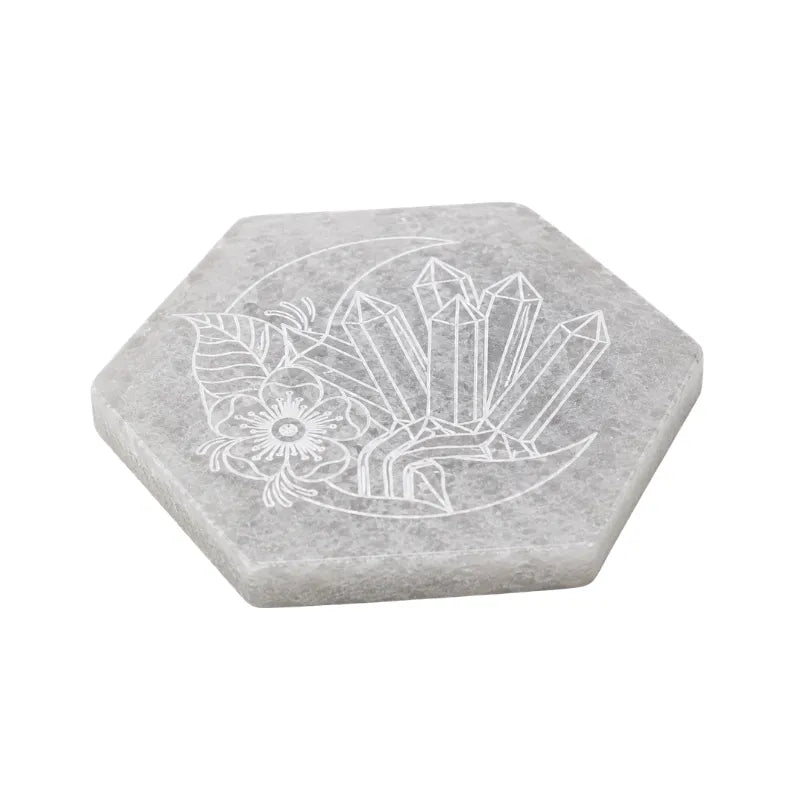 Selenite Hexagon Energy Coaster with Engraved Crystals & Floral Design-Global Food Hub