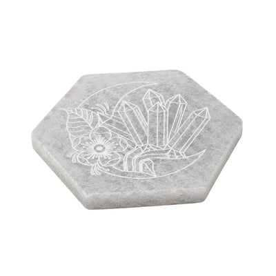 Selenite Hexagon Energy Coaster with Engraved Crystals & Floral Design-Global Food Hub