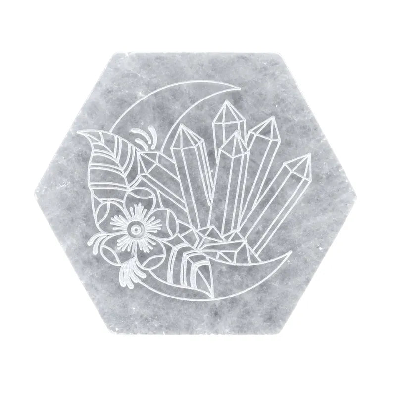 Selenite Hexagon Energy Coaster with Engraved Crystals & Floral Design-Global Food Hub