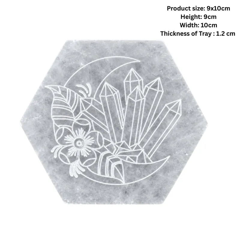 Selenite Hexagon Energy Coaster with Engraved Crystals & Floral Design-Global Food Hub