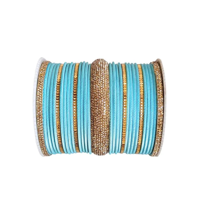 Sharmili Metal Fancy Bangles Size 2.10 - Set of 24 - Aqua Blue-Global Food Hub