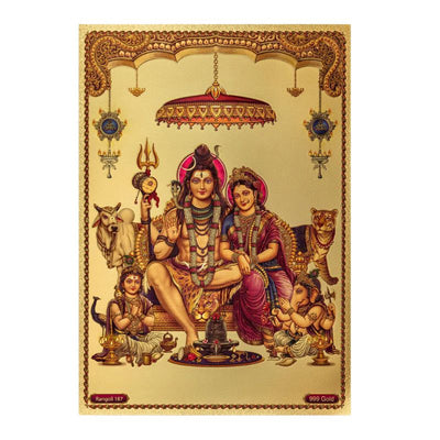 Shiv Parvti Parivar Gold Foil Poster - 21cm x 30cm-Global Food Hub