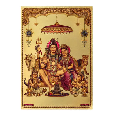 Shiv Parvti Parivar Gold Foil Unframed Art Work - 21cm x 30cm-Global Food Hub