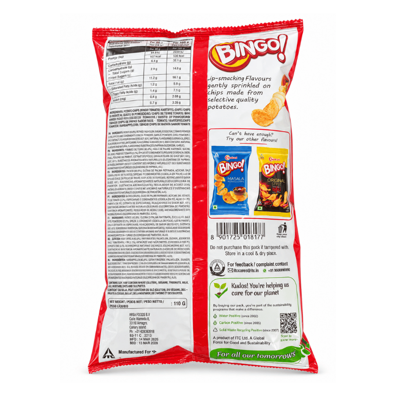 Sunfeast Bingo! Tomato Potato Chips – Crispy, Tangy Snack, 110 g-Global Food Hub