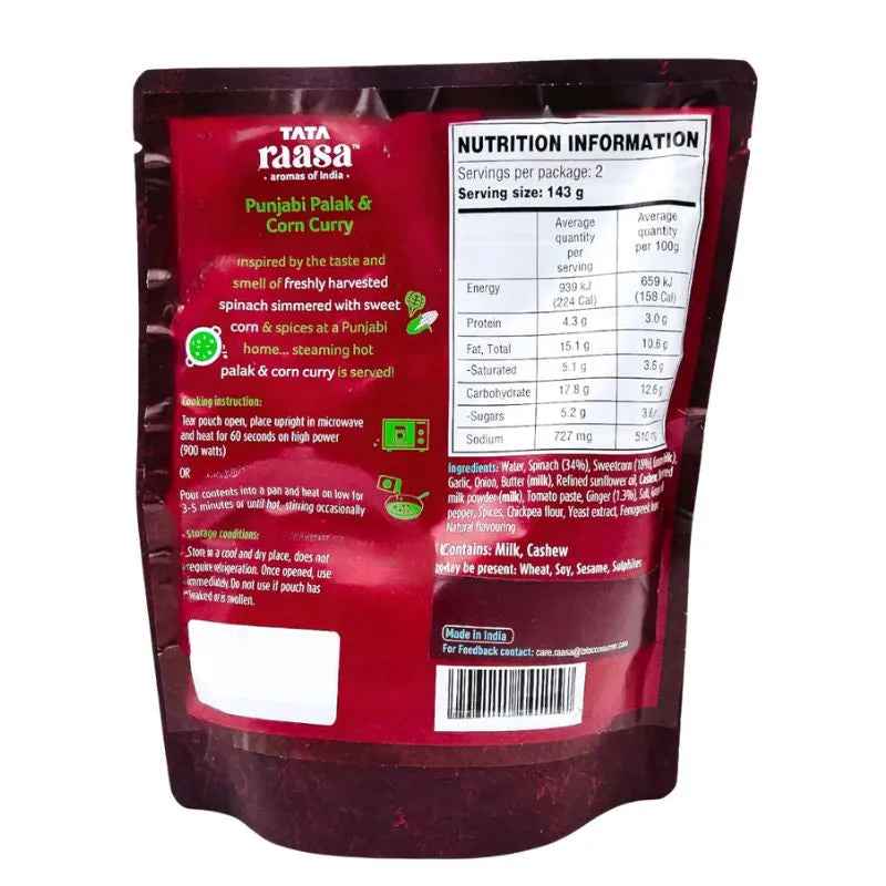 TATA RTE Raasa Punjabi Palak Sweet Corn Curry - 285g-Global Food Hub