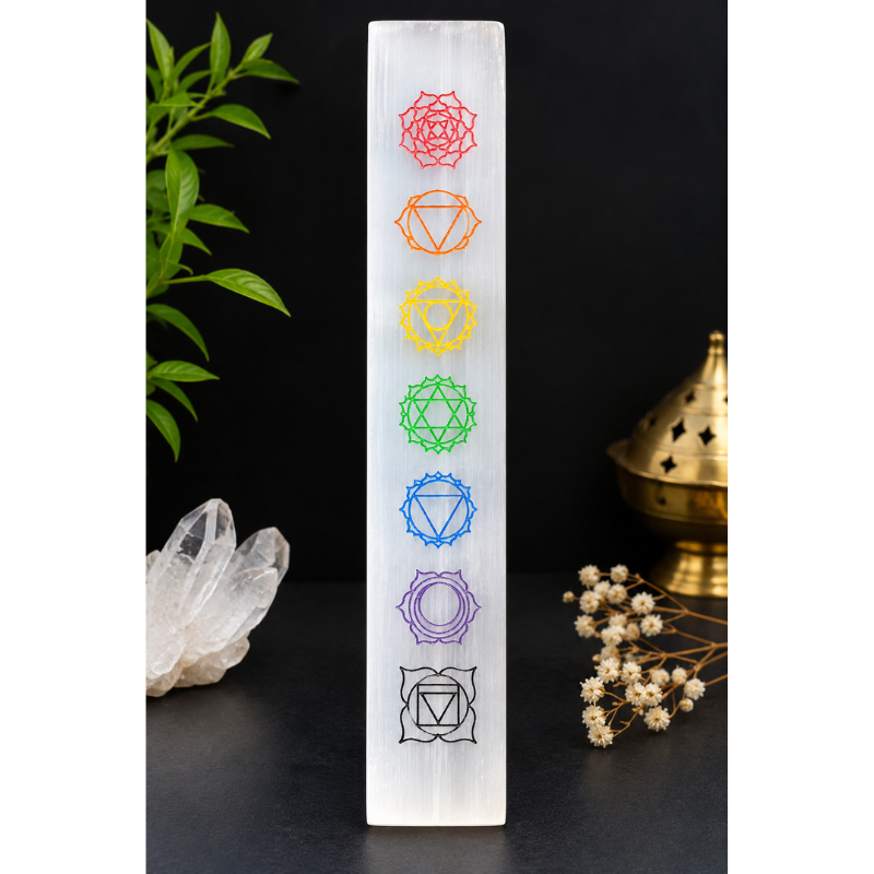 Selenite 7 Chakra Healing & Crystal Charging Stick – Rectangular