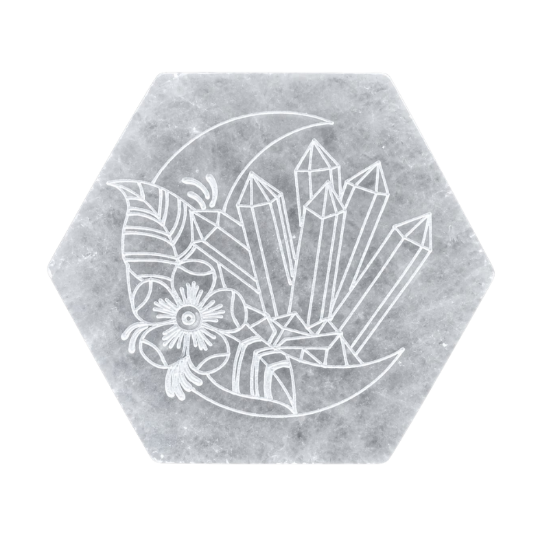 Selenite Hexagon Energy Coaster with Engraved Crystals & Floral Design