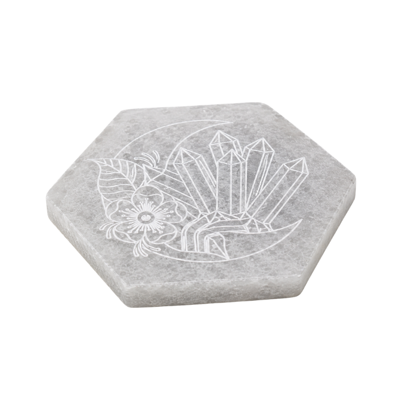 Selenite Hexagon Energy Coaster with Engraved Crystals & Floral Design
