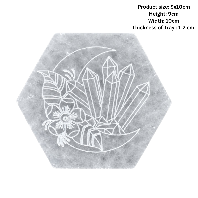 Selenite Hexagon Energy Coaster with Engraved Crystals & Floral Design