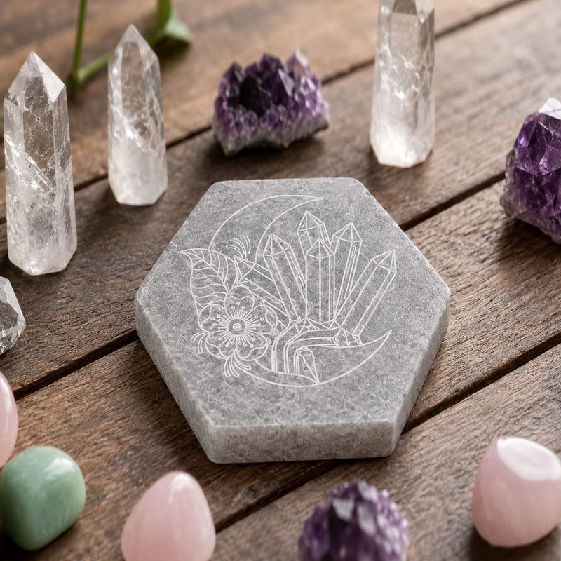 Selenite Hexagon Energy Coaster with Engraved Crystals & Floral Design