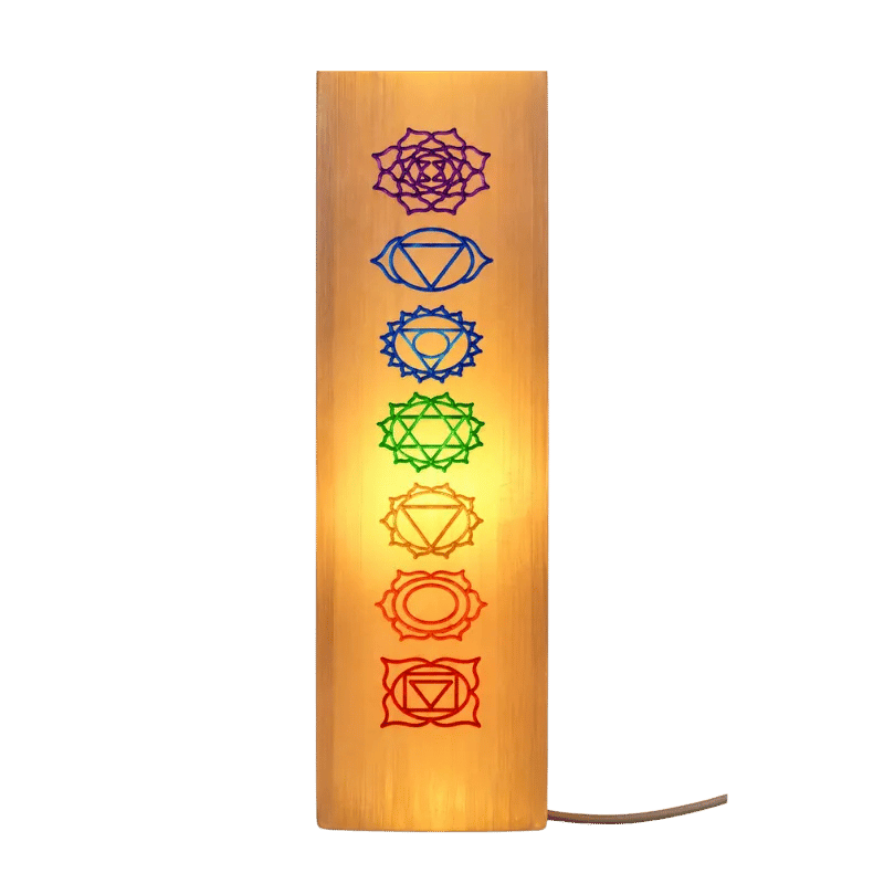 Selenite Engraved Chakra – Obelisk/Point Lamp Small